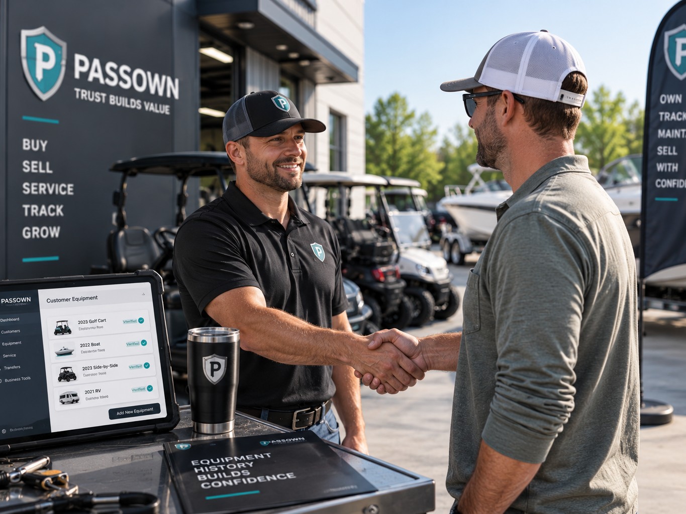 A PassOwn dealer shaking hands with a customer, with the PassOwn Business dashboard showing documented customer equipment on a tablet