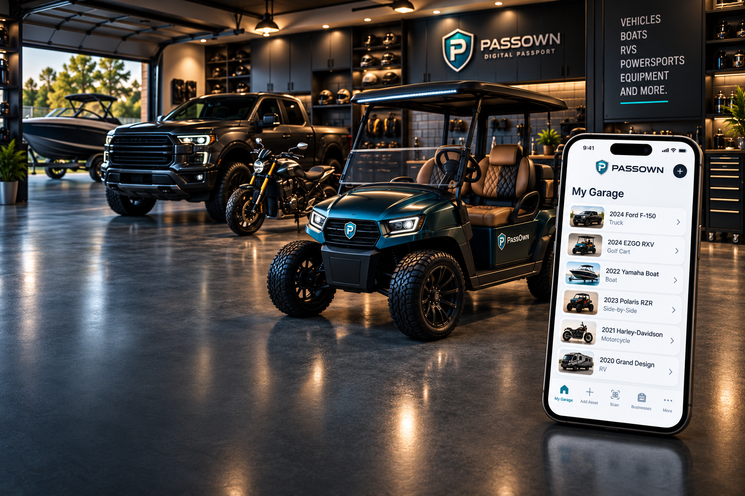 A PassOwn service garage with a boat, pickup truck, motorcycle, and PassOwn-branded golf cart, and a phone displaying the PassOwn app's My Garage screen listing a 2024 Ford F-150, 2024 EZGO RXV Golf Cart, 2022 Yamaha Boat, 2023 Polaris RZR, 2021 Harley-Davidson, and 2020 Grand Design RV.